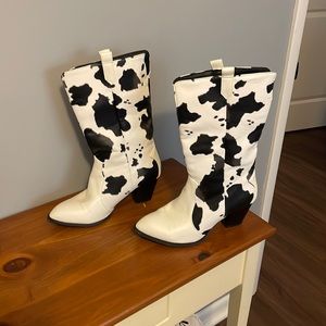 Cow print cowboy boots